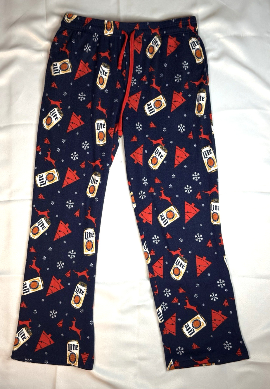 Miller Lite Pajama Pants Mens Large Navy Blue Beer Christmas Ugly Lounge Bottoms
